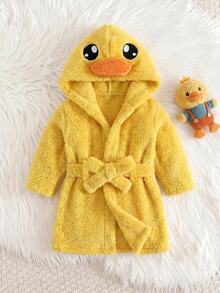 SHEIN Newborn Baby Boy/Girl Cartoon Duck 3D Pattern: Fleece Thick Hooded Long Sleeve Tie-Front Style Clothing Autumn Winter - Yellow - View 2