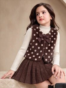 Setelan Kasual 3 Potong untuk Anak Perempuan Remaja: Rompi Berbulu, Lengan Panjang, Bahan Fleece, Atasan Kerah Tegak Bergaris, dan Rok Lipit, Musim Gugur/Dingin - MultiWarna - View 3