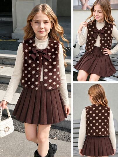 Tween Girls' Fuzzy Vest, Long Sleeve, Fleece, Ribbed Stand Collar Top And Pleated Skirt 3 Pieces Casual Set, Autumn/Winter