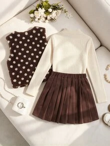 Setelan Kasual 3 Potong untuk Anak Perempuan Remaja: Rompi Berbulu, Lengan Panjang, Bahan Fleece, Atasan Kerah Tegak Bergaris, dan Rok Lipit, Musim Gugur/Dingin - MultiWarna - View 2