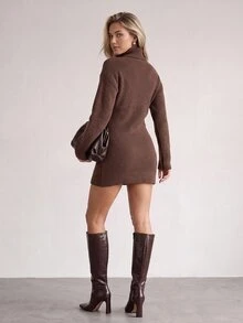 ELLERISSA Coffee Brown Turtleneck Long Sleeve Ribbed Knit A-Line Mini Sweater Dress - Coffee Brown - View 2