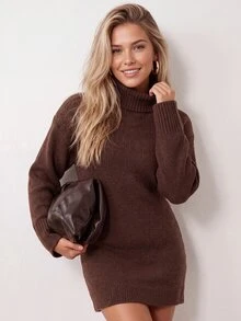 ELLERISSA Coffee Brown Turtleneck Long Sleeve Ribbed Knit A-Line Mini Sweater Dress - Coffee Brown - View 6
