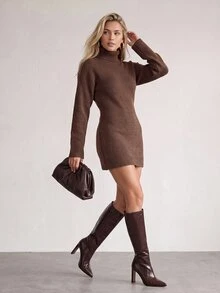 ELLERISSA Coffee Brown Turtleneck Long Sleeve Ribbed Knit A-Line Mini Sweater Dress - Coffee Brown - View 5