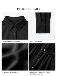 ELLERISSA Black Satin Collared Long Sleeve Cinched Waist Button Front Mini Shirt Party Dress - Black - View 7
