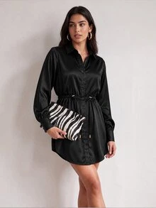 ELLERISSA Black Satin Collared Long Sleeve Cinched Waist Button Front Mini Shirt Party Dress - Black - View 4