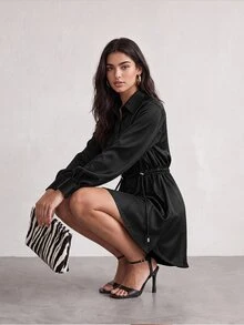 ELLERISSA Black Satin Collared Long Sleeve Cinched Waist Button Front Mini Shirt Party Dress - Black - View 3