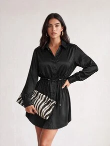 ELLERISSA Black Satin Collared Long Sleeve Cinched Waist Button Front Mini Shirt Party Dress - Black - View 1
