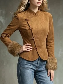SHEIN Small Stand Collar, Diagonal Placket With Four Sets Of Chinese Frog Buttons, Faux Fur Trim Cuffs, Slim Fit Cropped Silhouette, Vintage Chinese Style, Suitable For Autumn/Winter Outfits, Winter Jacket - Mocha Brown - View 6