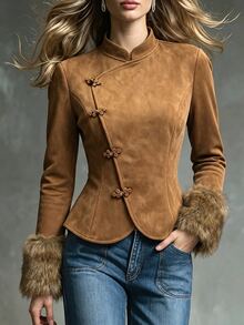 SHEIN Small Stand Collar, Diagonal Placket With Four Sets Of Chinese Frog Buttons, Faux Fur Trim Cuffs, Slim Fit Cropped Silhouette, Vintage Chinese Style, Suitable For Autumn/Winter Outfits, Winter Jacket - Mocha Brown - View 4