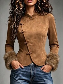 SHEIN Small Stand Collar, Diagonal Placket With Four Sets Of Chinese Frog Buttons, Faux Fur Trim Cuffs, Slim Fit Cropped Silhouette, Vintage Chinese Style, Suitable For Autumn/Winter Outfits, Winter Jacket - Mocha Brown - View 2