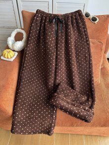 Comfortcana Plus Size Women's Polka Dot Pattern Waist Bow Decor Loose Fit Long Pants Fall - Brown - View 1