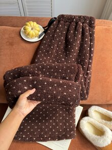 Comfortcana Plus Size Women's Polka Dot Pattern Waist Bow Decor Loose Fit Long Pants Fall - Brown - View 4