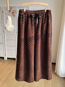 Comfortcana Plus Size Women's Polka Dot Pattern Waist Bow Decor Loose Fit Long Pants Fall - Brown - View 5