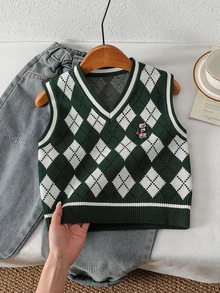 SHEIN Vintaside Kids Toddler Boys Sweater Argyle V-Neck Sleeveless Knit Vest Green White Black - Dark Green - View 8