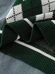 SHEIN Vintaside Kids Toddler Boys Sweater Argyle V-Neck Sleeveless Knit Vest Green White Black - Dark Green - View 9