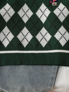 SHEIN Vintaside Kids Toddler Boys Sweater Argyle V-Neck Sleeveless Knit Vest Green White Black - Dark Green - View 6