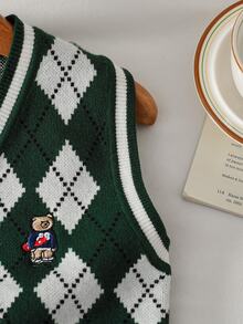 SHEIN Vintaside Kids Toddler Boys Sweater Argyle V-Neck Sleeveless Knit Vest Green White Black - Dark Green - View 3