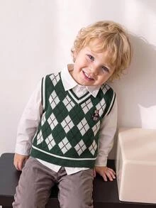 SHEIN Vintaside Kids Toddler Boys Sweater Argyle V-Neck Sleeveless Knit Vest Green White Black - Dark Green - View 1