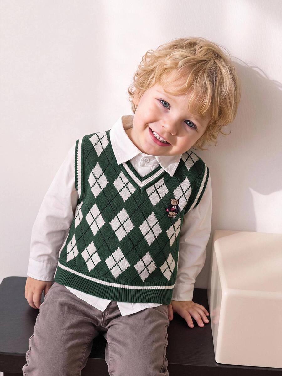 SHEIN Vintaside Kids Toddler Boys Sweater Argyle V-Neck Sleeveless Knit Vest Green White Black - Dark Green - View 1