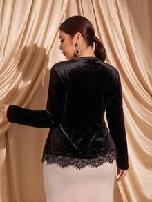 Cravure French Vintage Elegant Fashion Casual Commute Velvet Lace Patchwork Split Hem T-Shirt Fall - Black - View 2