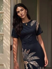 CAJUNI Women's Coconut Tree Pattern Casual Daily Long Dress - Black - View 5