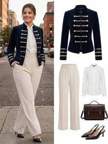 SHEIN Clasi Plus Size Fall/ Colorblock Metal Buckle Napoleon Vintage Elegant Casual Chic Military-Style Double-Breasted Buttoning Jacket Office Formal Blue - Navy Blue - View 8