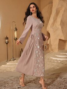 Al Najma Elegant Round Neck Sequins Embroidered Arabic Style Dress For Women - Pink - View 5