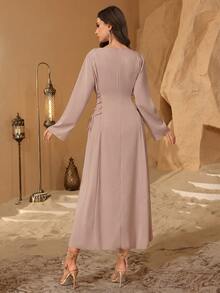 Al Najma Elegant Round Neck Sequins Embroidered Arabic Style Dress For Women - Pink - View 2