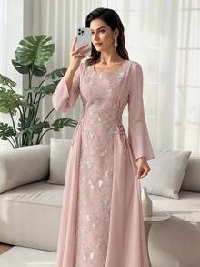 Al Najma Elegant Round Neck Sequins Embroidered Arabic Style Dress For Women - Pink - View 1