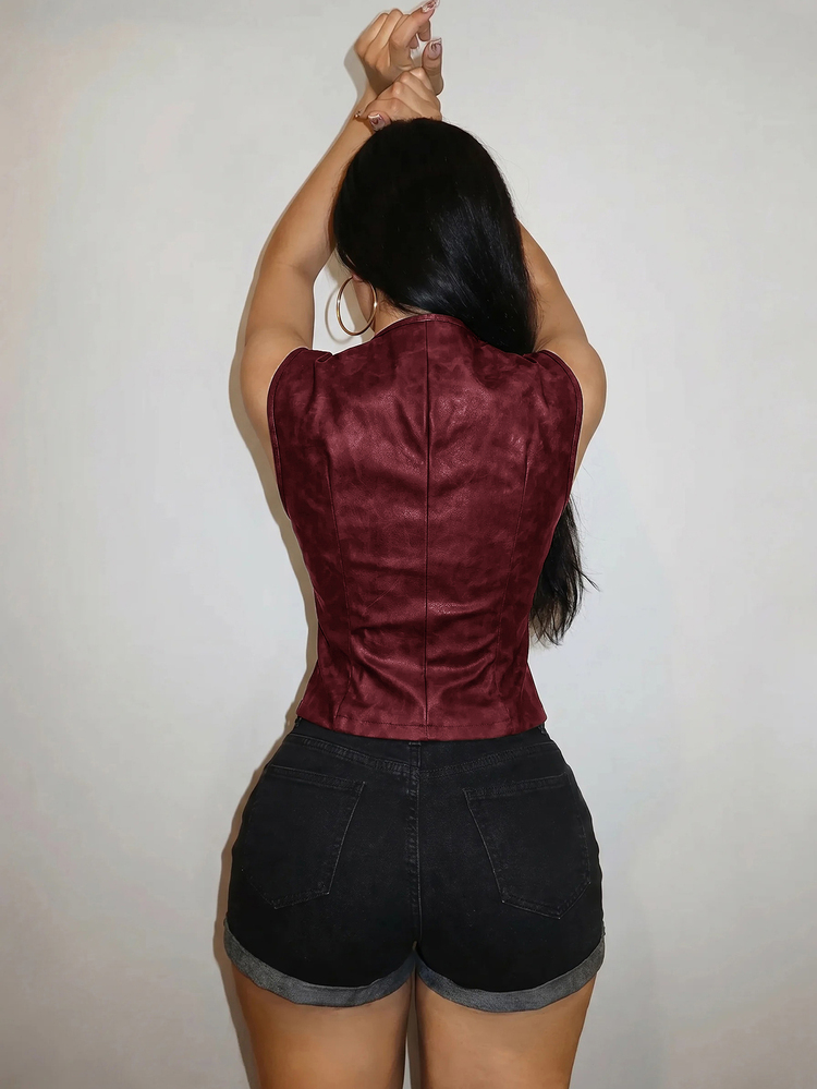 Slaydiva Street Sexy Bar Nightclub Daily Studded Sleeveless PU Leather Vest Outerwear For Women - A - Burgundy - View 2