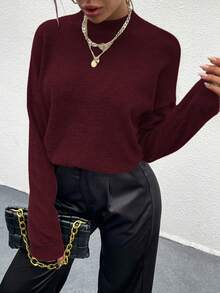 SoleilVie Women's Loose Casual Solid Color Batwing Sleeve Sweater Knit Pullover Fall Winter Sweater - Burgundy - View 7