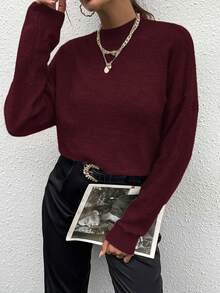 SoleilVie Women's Loose Casual Solid Color Batwing Sleeve Sweater Knit Pullover Fall Winter Sweater - Burgundy - View 4