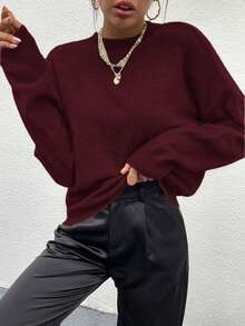 SoleilVie Women's Loose Casual Solid Color Batwing Sleeve Sweater Knit Pullover Fall Winter Sweater - Burgundy - View 3