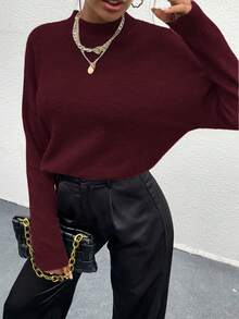 SoleilVie Women's Loose Casual Solid Color Batwing Sleeve Sweater Knit Pullover Fall Winter Sweater - Burgundy - View 5