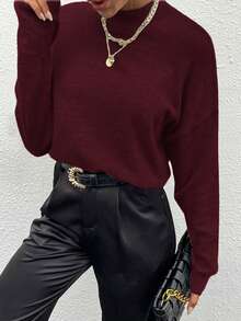 SoleilVie Women's Loose Casual Solid Color Batwing Sleeve Sweater Knit Pullover Fall Winter Sweater - Burgundy - View 6
