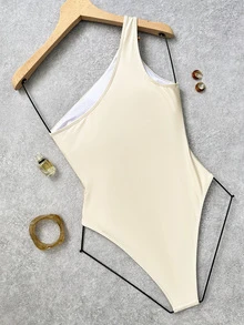 Swim SXY 純色單肩鏤空不對稱金屬裝飾熱銷網紅度假女款連身泳衣 - 米色 - 查看 3