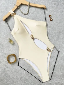 Swim SXY 純色單肩鏤空不對稱金屬裝飾熱銷網紅度假女款連身泳衣 - 米色 - 查看 6