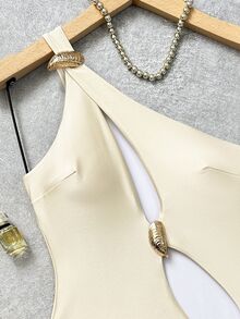 Swim SXY 純色單肩鏤空不對稱金屬裝飾熱銷網紅度假女款連身泳衣 - 米色 - 查看 5