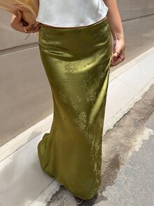 MainGRL 綠色花卉緞面女款提花魚尾裙，適合早午餐約會、度假、茶會，夏季復古優雅風 - 綠色 - 查看 3