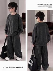 SHEIN Little Byeori 2pcs/Set Kids Tween Boys Casual Cool Snowflake Fabric Sweatshirt & Sweatpants Set, Suitable For Fall/Winter, School, Family Gathering, Back To School, FallOutfit, WinterOutfit - Grey - View 2