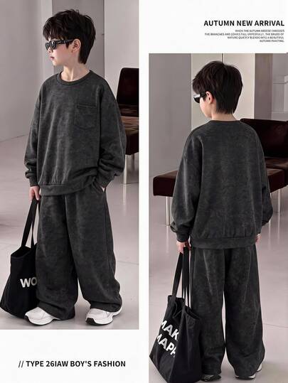 Conjunto de 2 piezas/Set de sudadera y pantalones de chándal con estampado de copos de nieve para niños y preadolescentes, estilo casual y cool, adecuado para otoño/invierno, escuela, reuniones familiares, regreso a clases, atuendo de otoño, atuendo de invierno