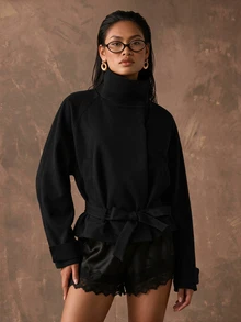 Silquee SHEIN BAE Solid Color Loose Fit Stand Collar Minimalist Utility Jacket - Black - View 3