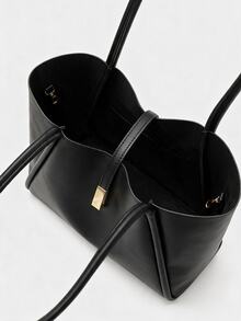 Lumivelle 時尚極簡純色PU校園風托特包，單肩包，多功能手提包，適合女性購物、上班通勤、學生開學及日常使用 - 黑色 - 查看 2