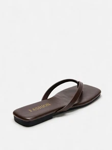 Lumivelle Women's Summer Square Toe Flip Flops, Flat Sandals, Shiny Fashion Comfortable Flat Slippers Suitable For Outing, Party, Beach, Effortless Style, Aesthetic - Chocolate Brown - View 2