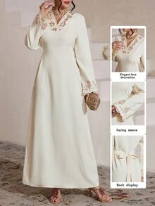 Al Najma V-Neck Elegant Ruffle Trim Tie-Waist Flared Women's Apricot Arabic Dress - Apricot - View 4