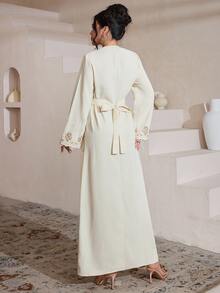 Al Najma V-Neck Elegant Ruffle Trim Tie-Waist Flared Women's Apricot Arabic Dress - Apricot - View 2