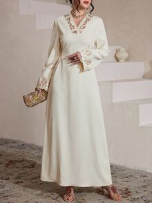 Al Najma V-Neck Elegant Ruffle Trim Tie-Waist Flared Women's Apricot Arabic Dress - Apricot - View 5
