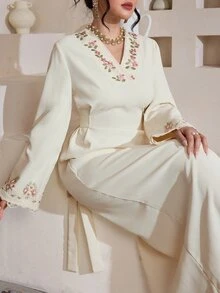 Al Najma V-Neck Elegant Ruffle Trim Tie-Waist Flared Women's Apricot Arabic Dress - Apricot - View 6