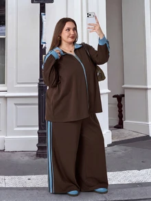 SHEIN CURVE+ Plus Size 22W Autumn/Winter New Casual Sporty Brown Webbing Two Pieces Set, Casual Commute, Suitable For Plus Size 5XL Women, Suitable For Autumn/Winter - Coffee Brown - View 3