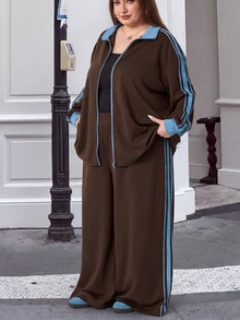 SHEIN CURVE+ Plus Size 22W Autumn/Winter New Casual Sporty Brown Webbing Two Pieces Set, Casual Commute, Suitable For Plus Size 5XL Women, Suitable For Autumn/Winter - Coffee Brown - View 4